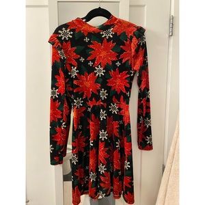 Velvet Christmas Dress Black with Poinsettas